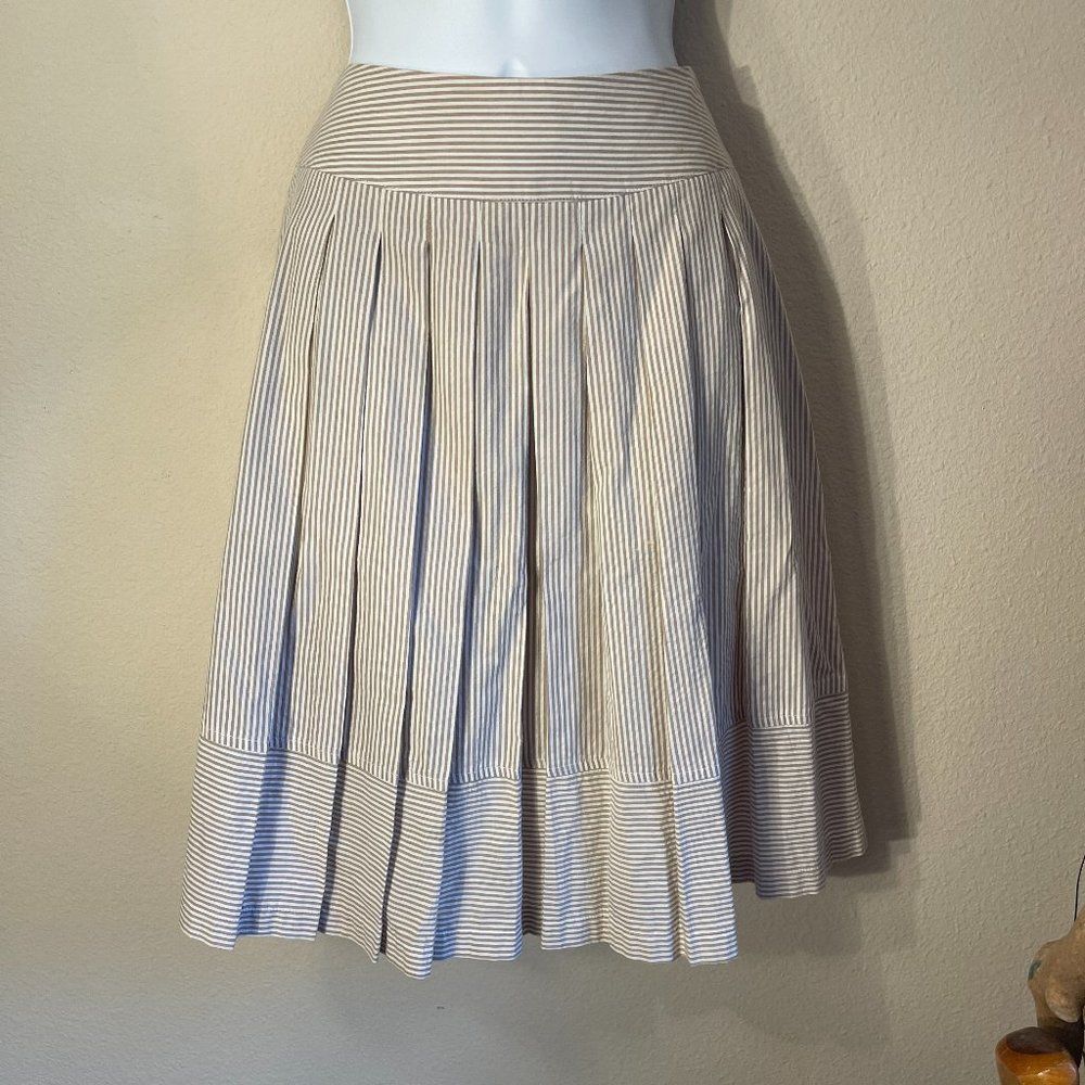 In Moda Seersucker Pleated Skirt Cotton A Line Pockets Tan White 8 - Picture 2 of 7